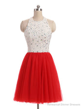 Red Tulle Halter Beading Homecoming Dress